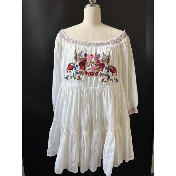 Free People Sunbeams White Dress M Off The Shoulder Mini Floral Embroidery - Picture 2 of 10